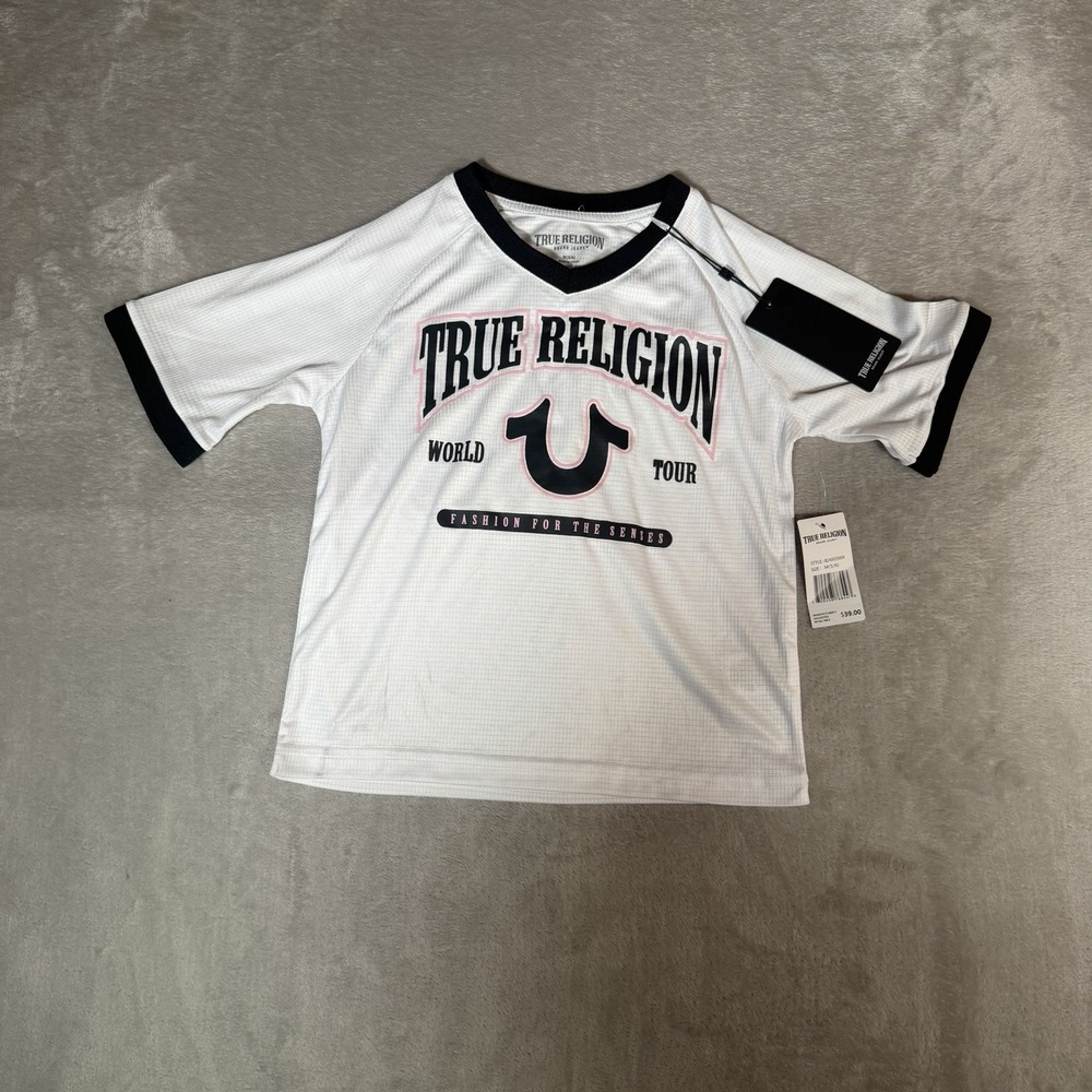 NWT True Religion Girls M 5/6 World Tour Graphic Jersey Shirt White Pink